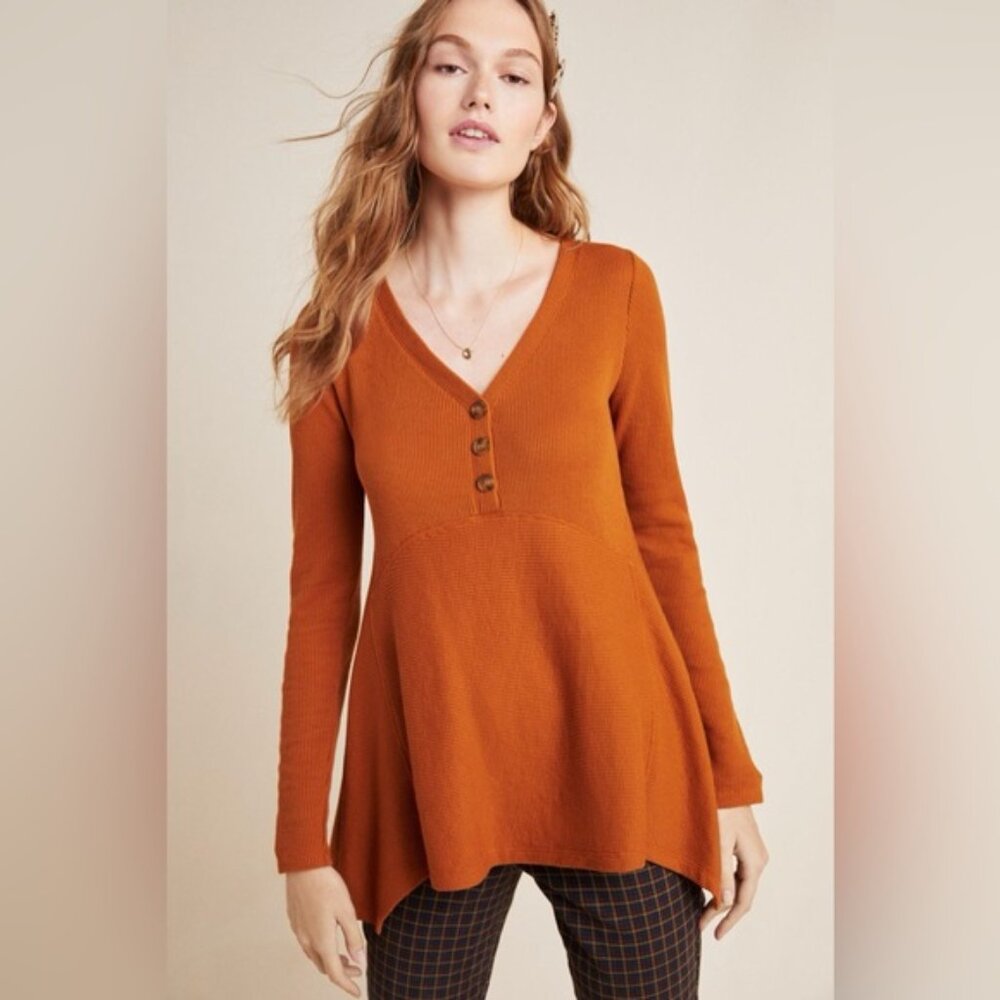 ANTHROPOLOGIE Women's MAEVE Eliza‎ Henley Babydoll Thermal Tunic Gold | Size XS